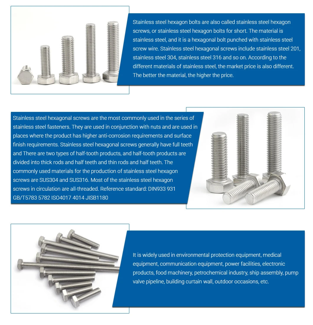 SS304 SS316 Stainless Steel Screw/Bolt DIN933 Full Thread/A2 A4 Hex Bolt/A2-70 Hex Bolt